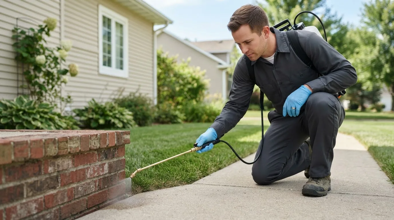 Pest control technician treating a home near Hillsboro, OR